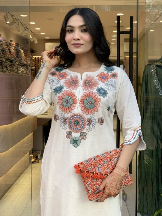 Women's Pure Cotton Embroidery Floral Printed Straight Coo-rd Set Kurti with Pant (White-M)