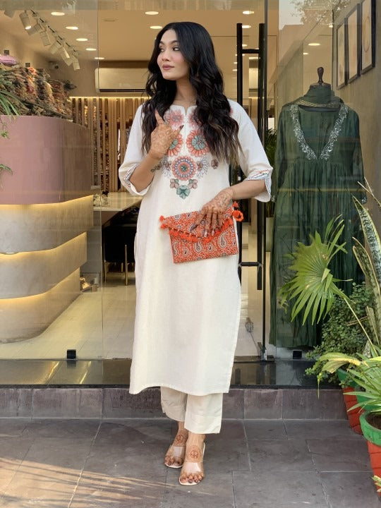 Women's Pure Cotton Embroidery Floral Printed Straight Coo-rd Set Kurti with Pant (White-M)