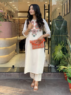 Women's Pure Cotton Embroidery Floral Printed Straight Coo-rd Set Kurti with Pant (White-M)