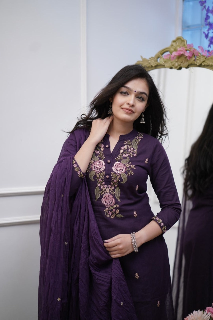 Women's Cotton Embroidery work Straight kurti with Pant & mulmul dupatta set