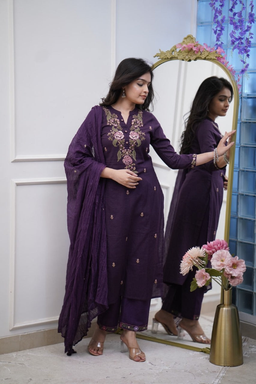Women's Cotton Embroidery work Straight kurti with Pant & mulmul dupatta set