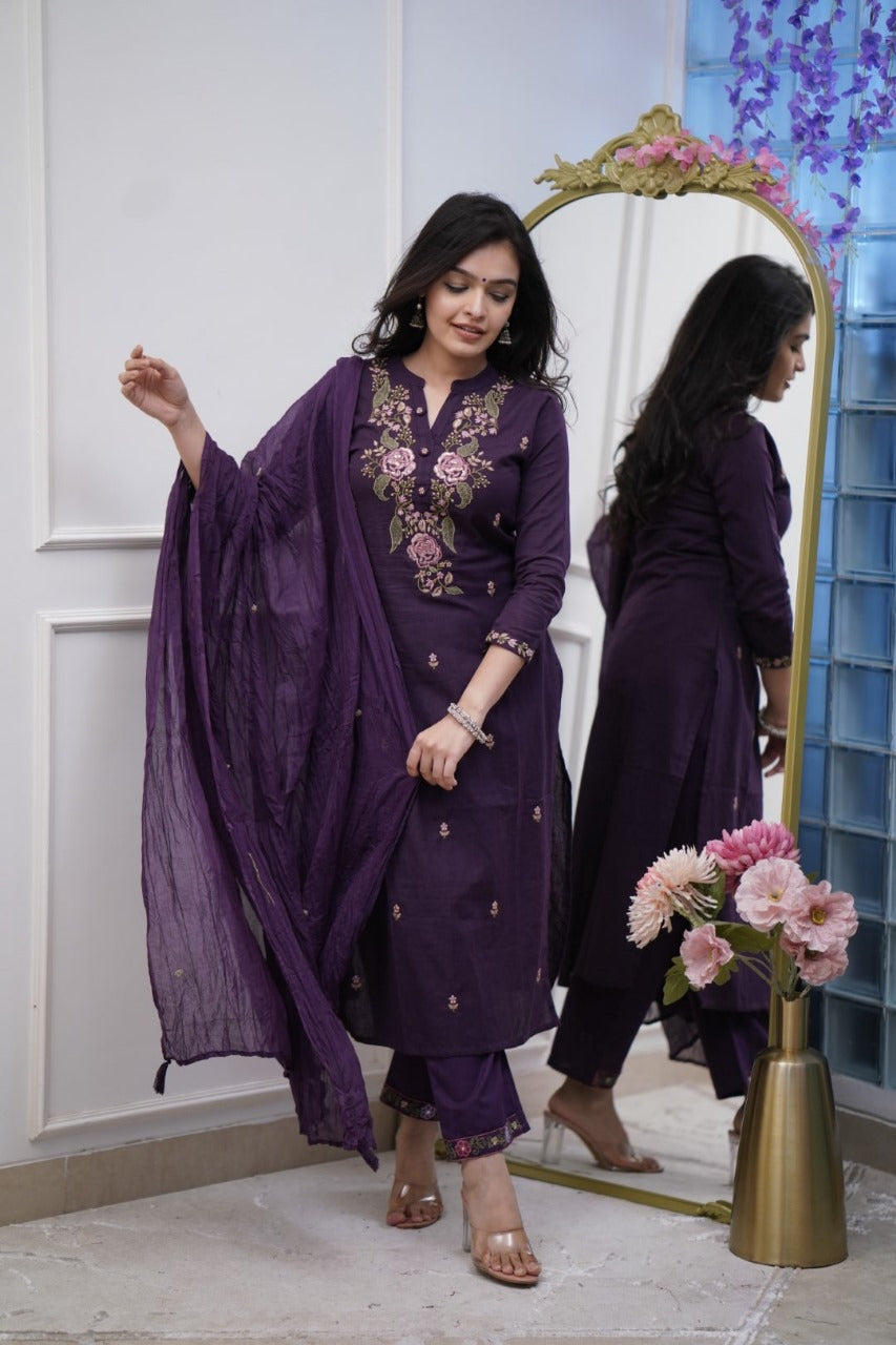 Women's Cotton Embroidery work Straight kurti with Pant & mulmul dupatta set