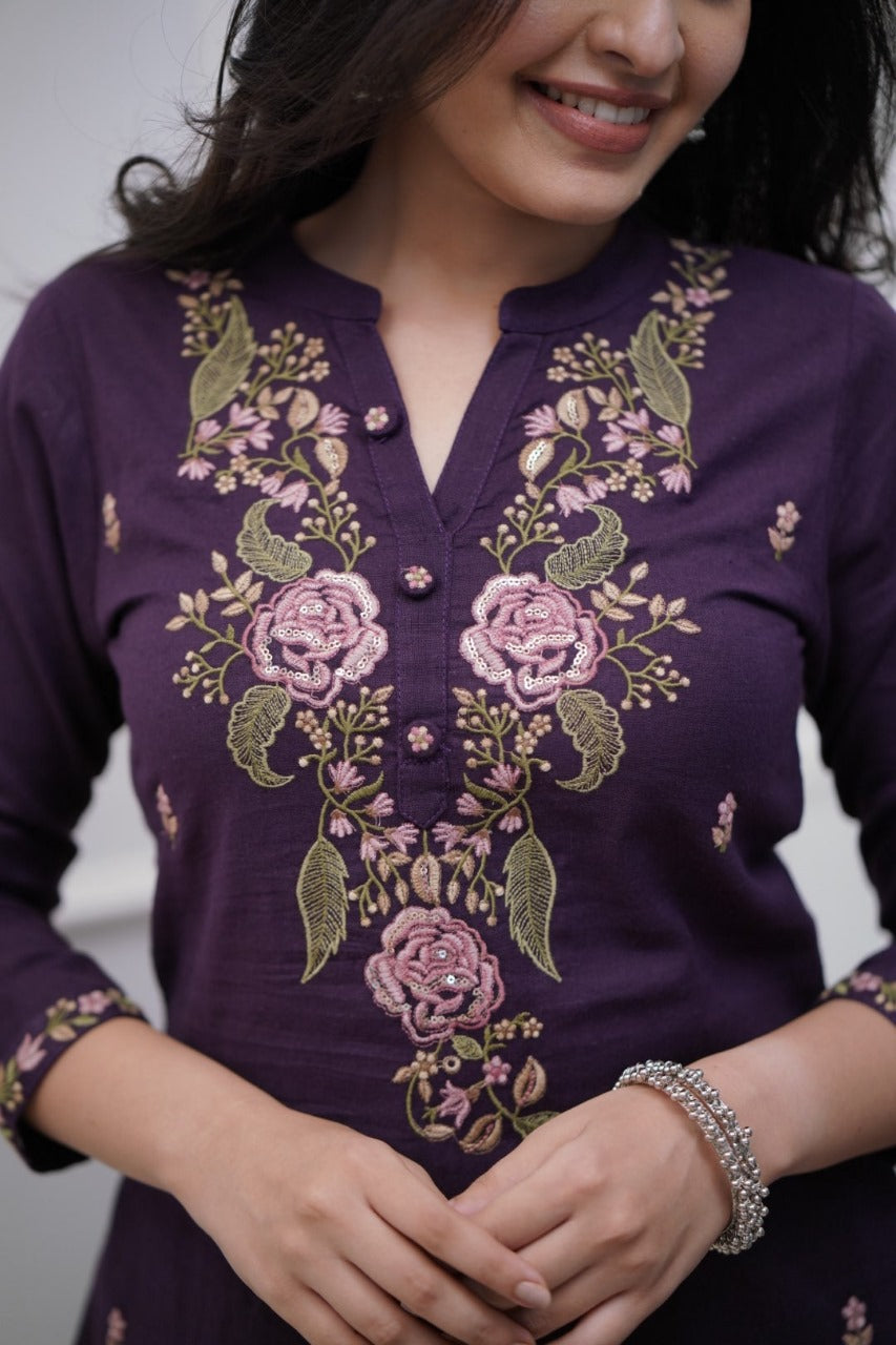 Women's Cotton Embroidery work Straight kurti with Pant & mulmul dupatta set