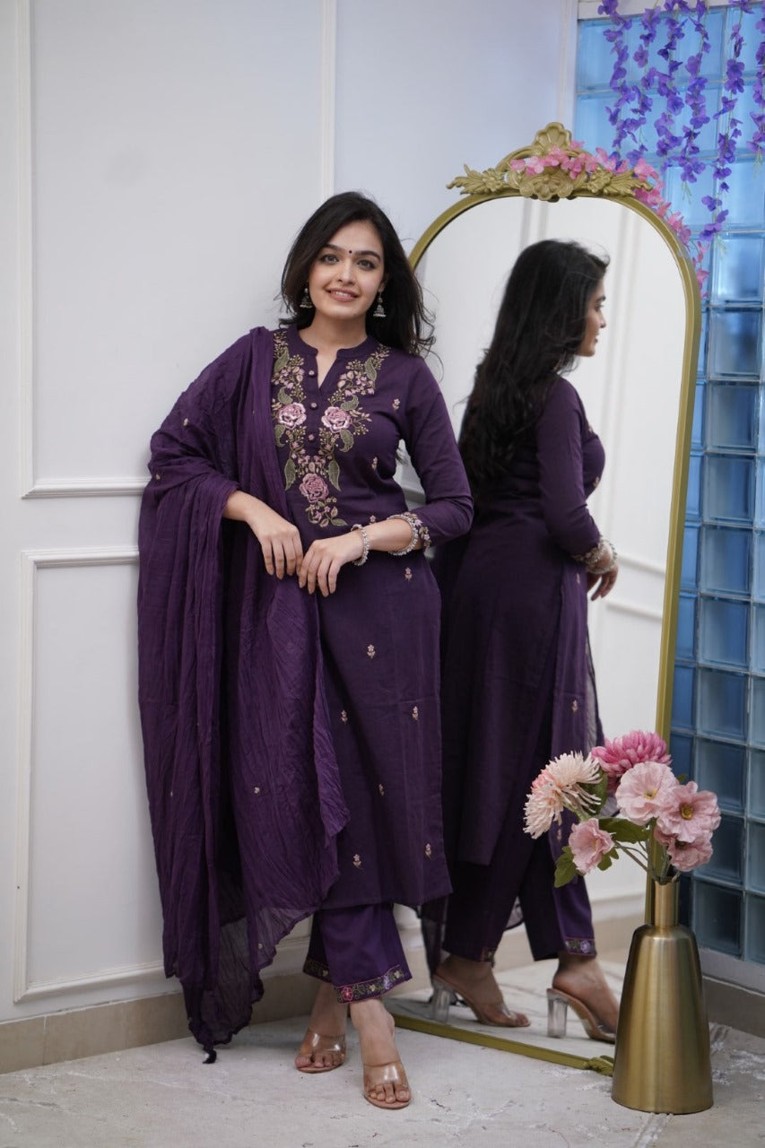 Women's Cotton Embroidery work Straight kurti with Pant & mulmul dupatta set