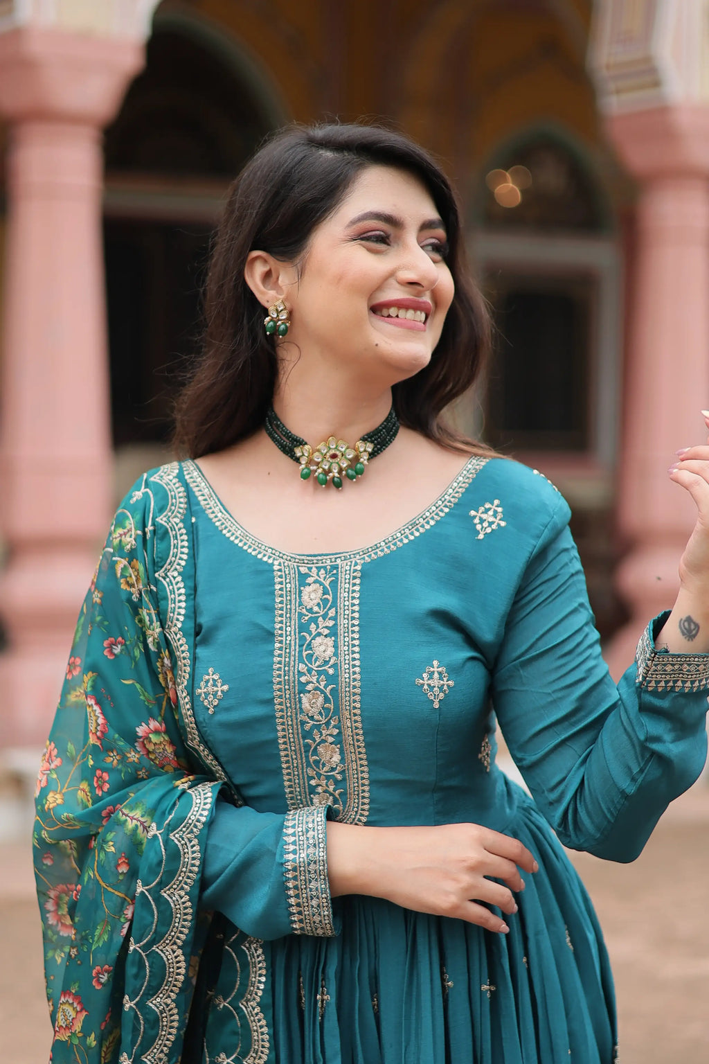 Rama Designer Chinon Sequins Embroidered Gown with Kalamkari Silk Dupatta