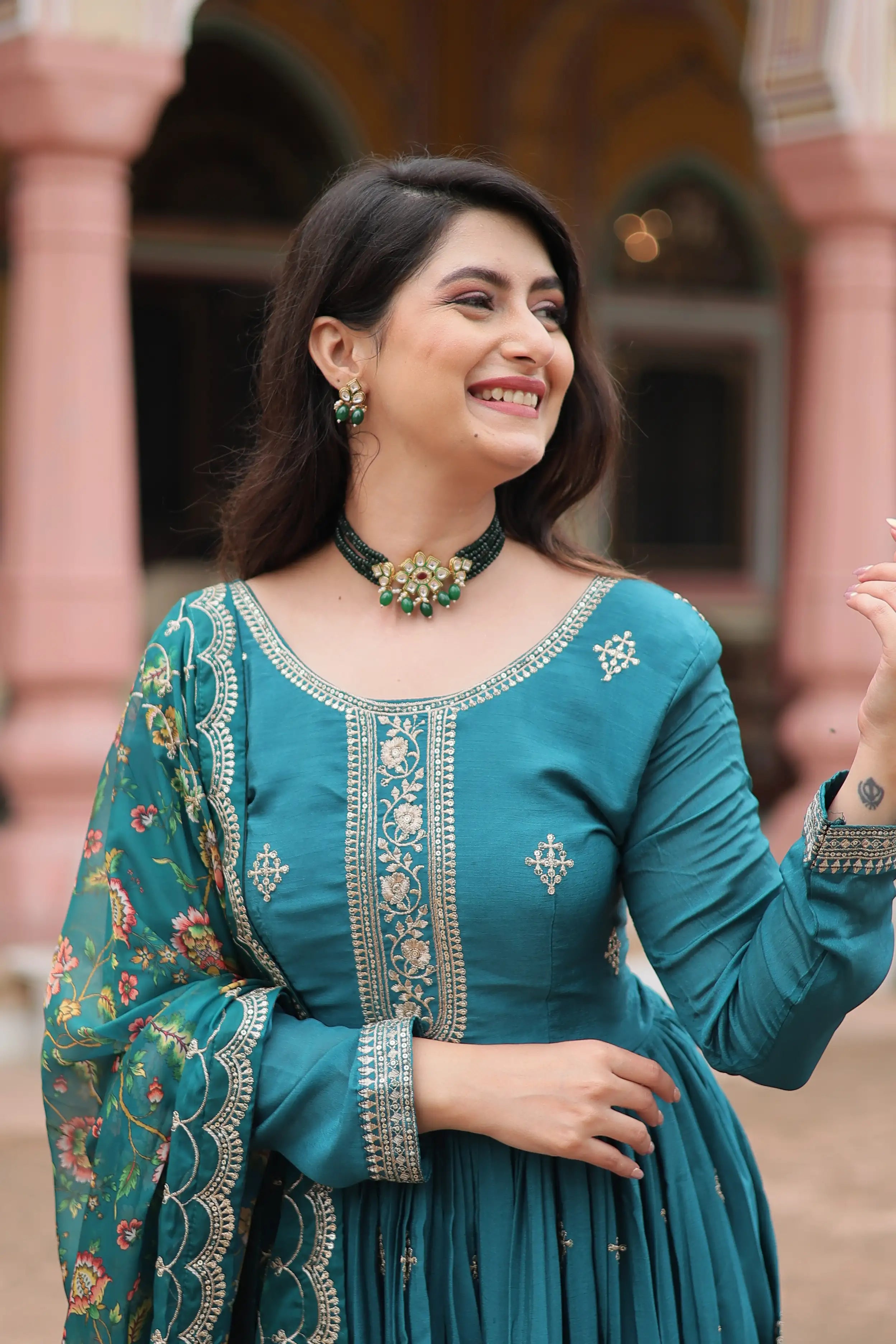 Rama Designer Chinon Sequins Embroidered Gown with Kalamkari Silk Dupatta
