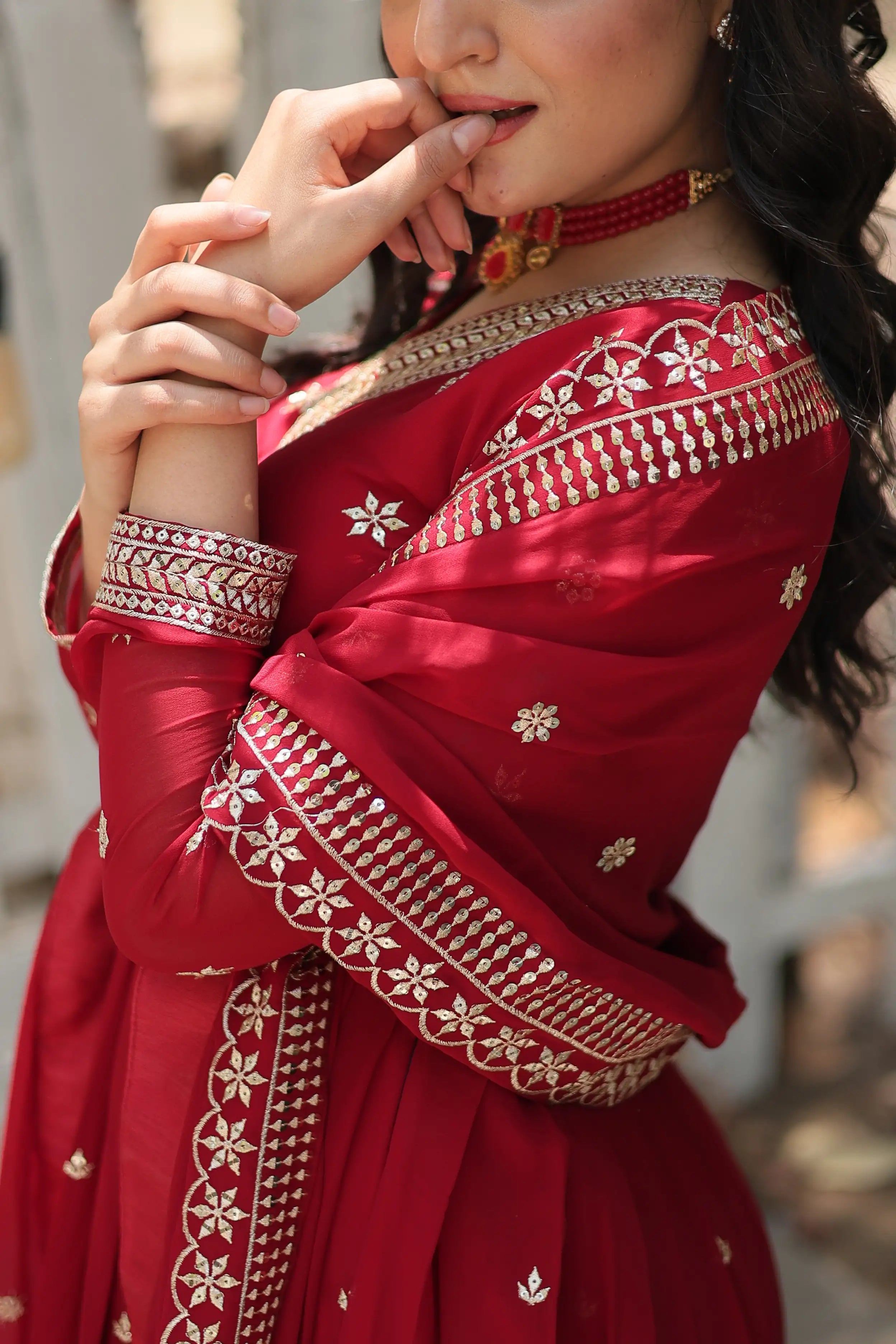 Maroon Designer Faux Blooming Anarkali Gown with Sequins Embroidered Dupatta – Wedding & Festive Wear