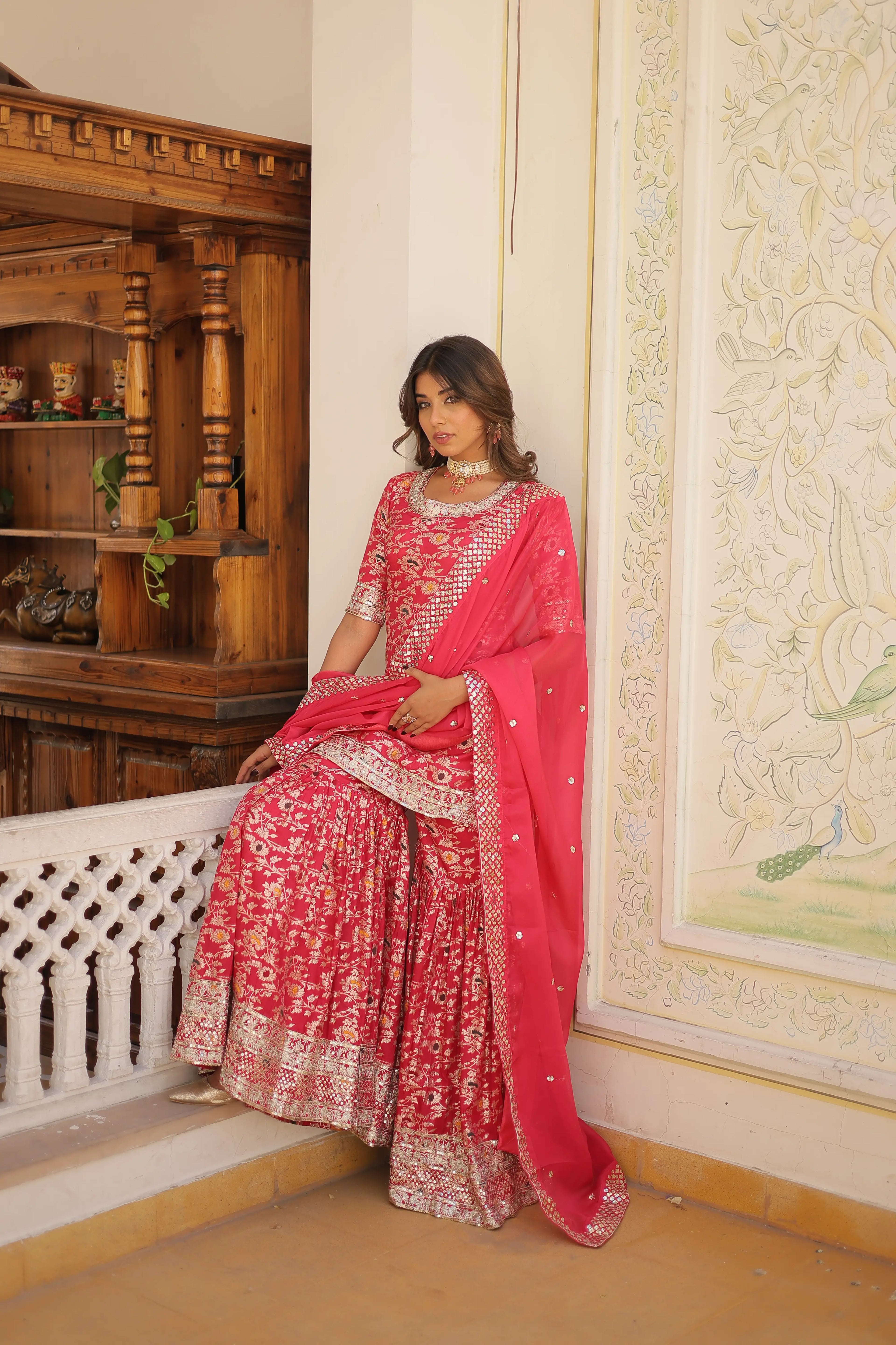 Pink Faux Blooming Sequins Embroidered Sharara Set with Matching Dupatta – Festive & Party Wear