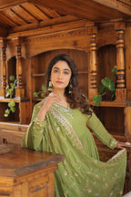 Green Faux Georgette Designer Gown with Sequined Dupatta – Fully Flared Elegant Ready-to-Wear Set