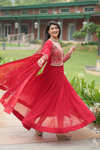 Red Faux Blooming Sequins & Zari Embroidered Gown with Matching Dupatta