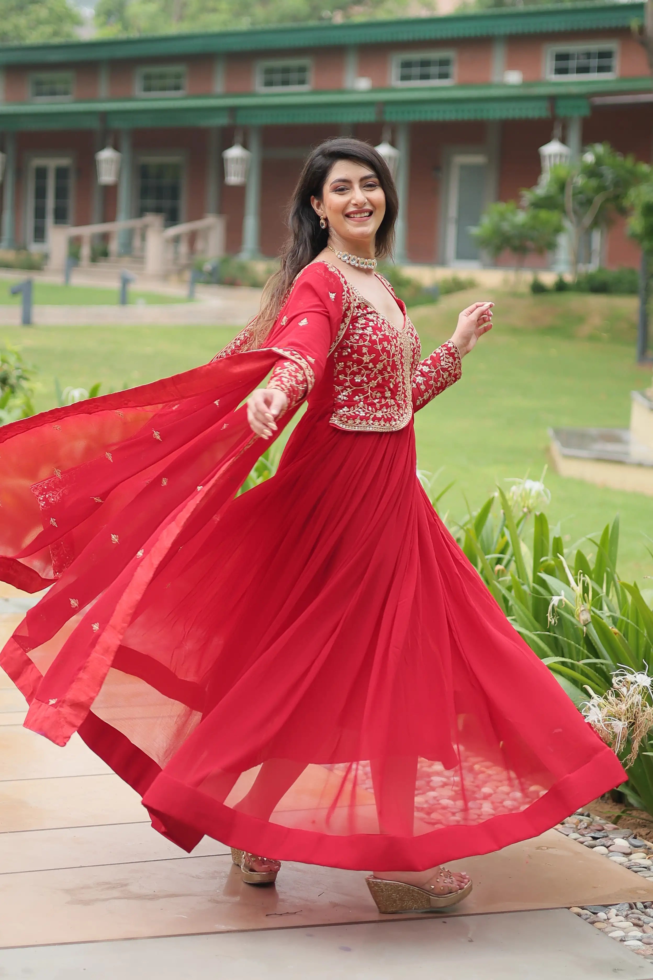 Red Faux Blooming Sequins & Zari Embroidered Gown with Matching Dupatta