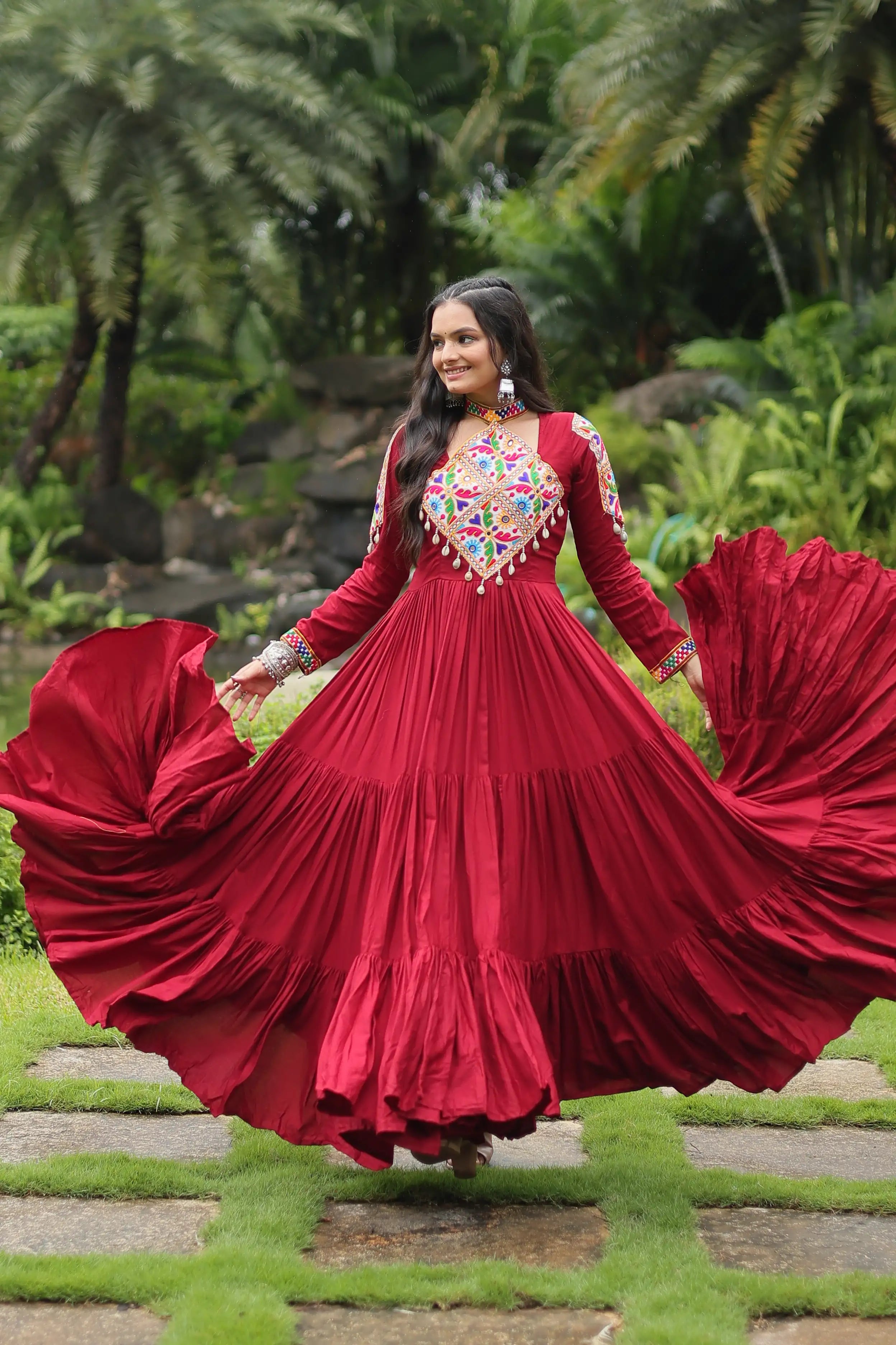 Maroon Reyon Partywear Gown with Kutchi Gamthi Work