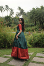 Green Banarasi Jacquard Silk Gown – Elegant Free-Size Designer Party & Wedding Wear