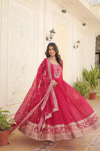 Pink Faux Blooming Sequins Embroidered Gown with Matching Dupatta – Festive & Party Wear 2024