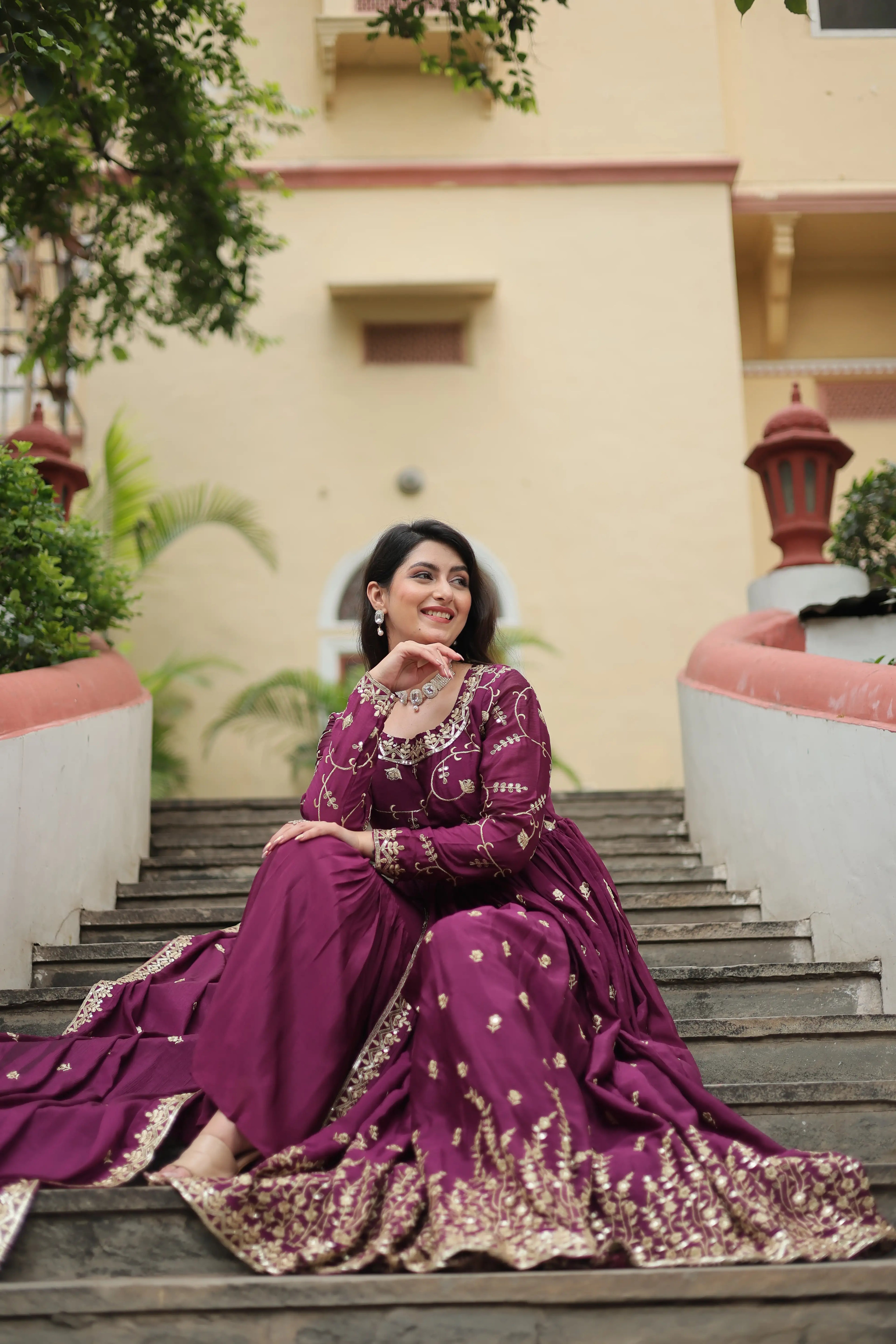 Wine Premium Chinon Sequins Embroidered Kurti with Sharara & Dupatta Set