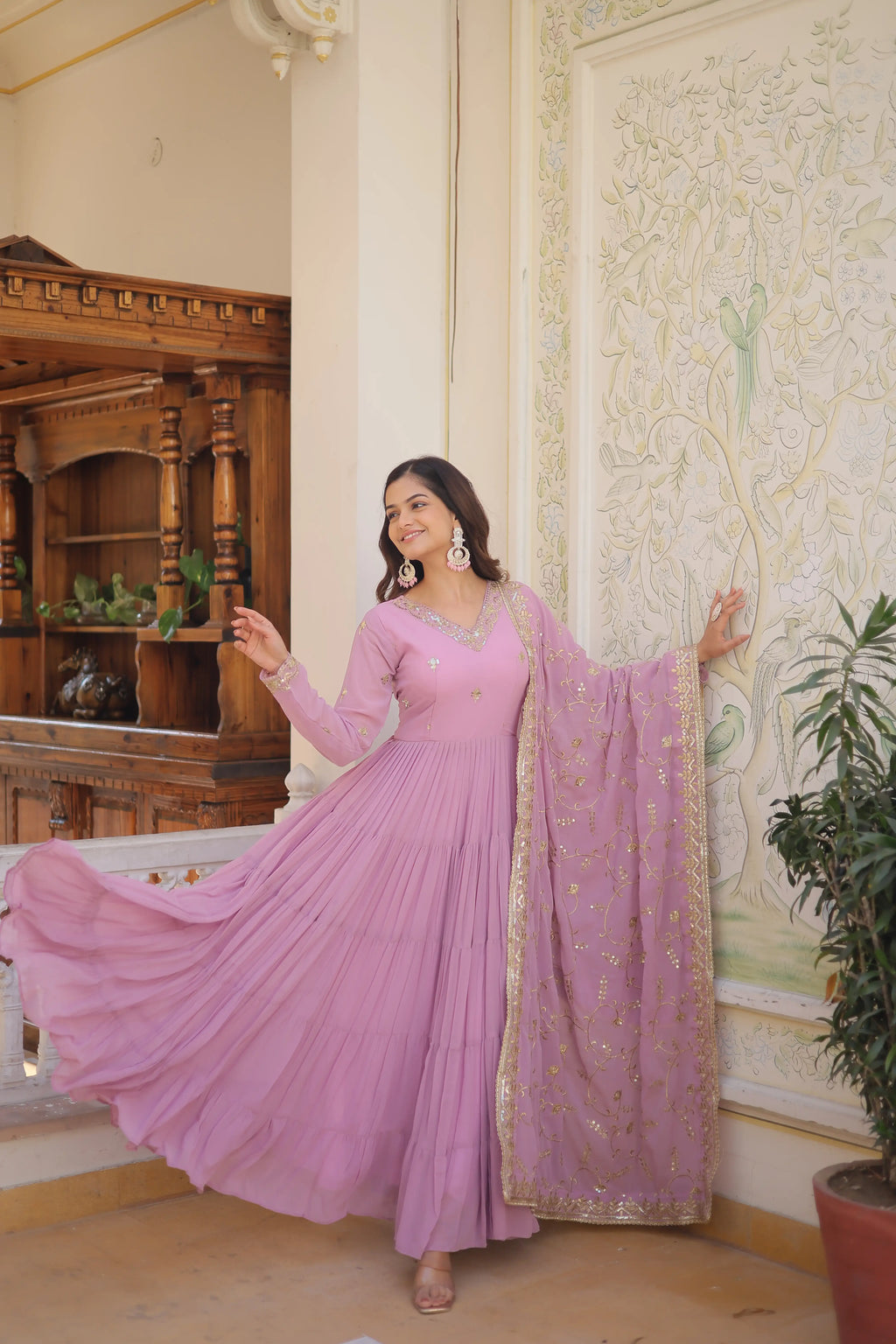 Purple Faux Georgette Designer Gown with Sequined Dupatta – Fully Flared Elegant Ready-to-Wear Set