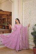 Purple Faux Georgette Designer Gown with Sequined Dupatta – Fully Flared Elegant Ready-to-Wear Set