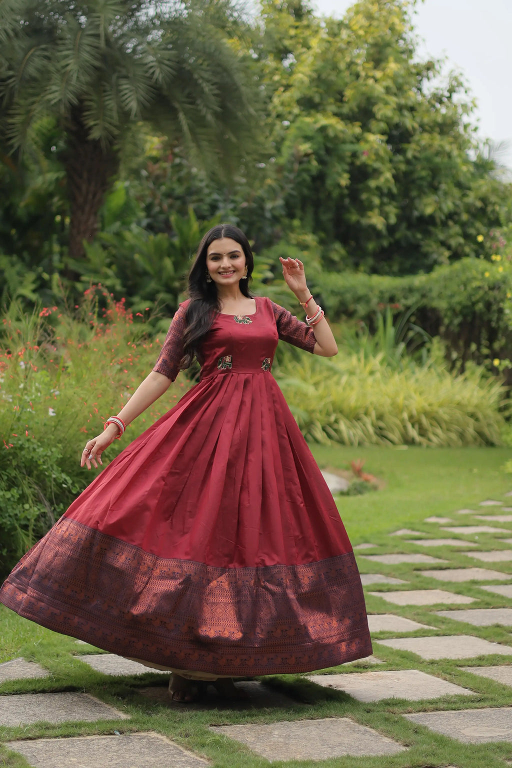 Maroon Banarasi Jacquard Silk Gown – Elegant Free-Size Designer Party & Wedding Wear