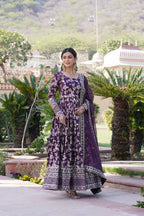 Wine Viscose Dyable Jacquard Gown with Russian Silk Sequined Dupatta – Elegant Party & Wedding Set