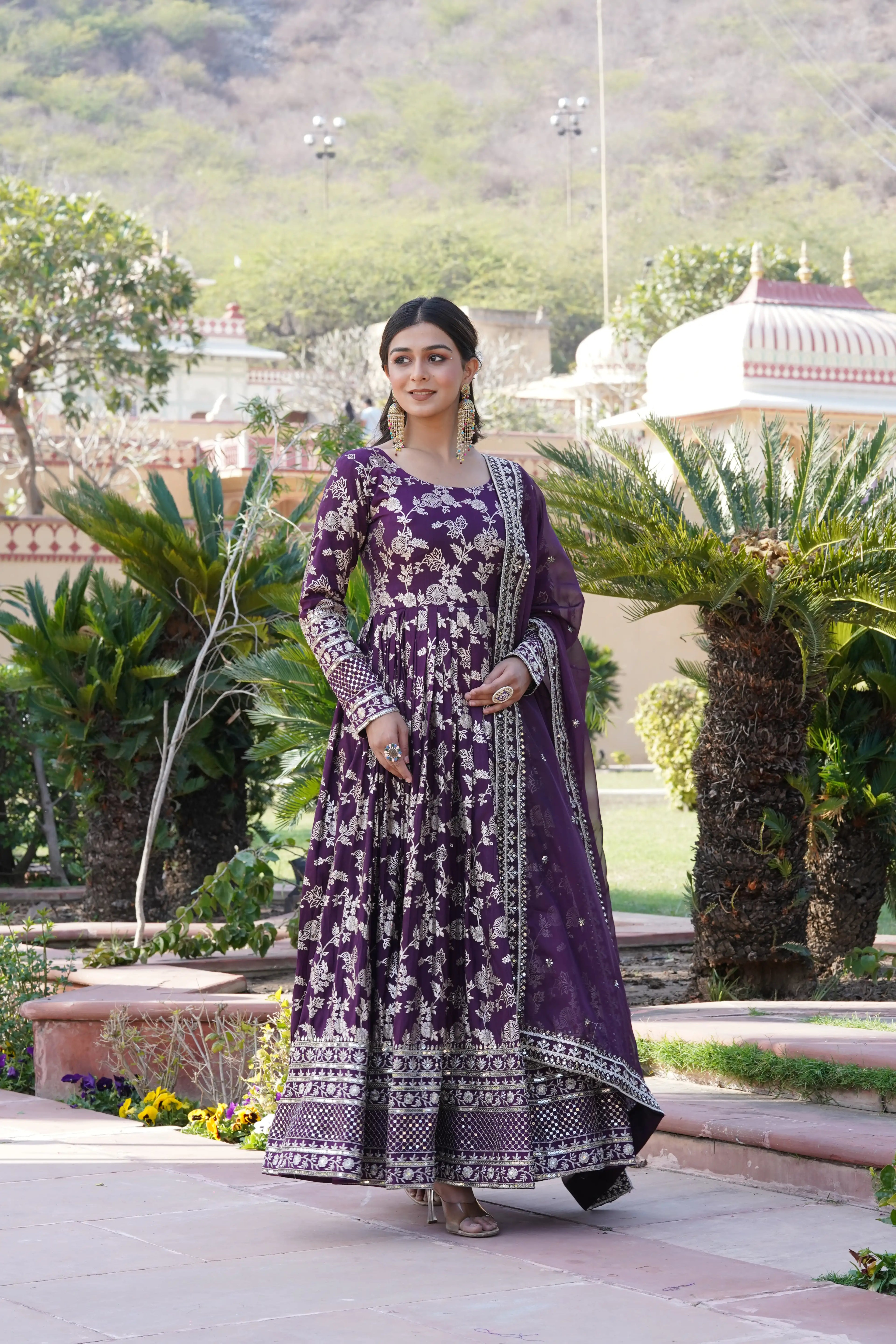 Wine Viscose Dyable Jacquard Gown with Russian Silk Sequined Dupatta – Elegant Party & Wedding Set