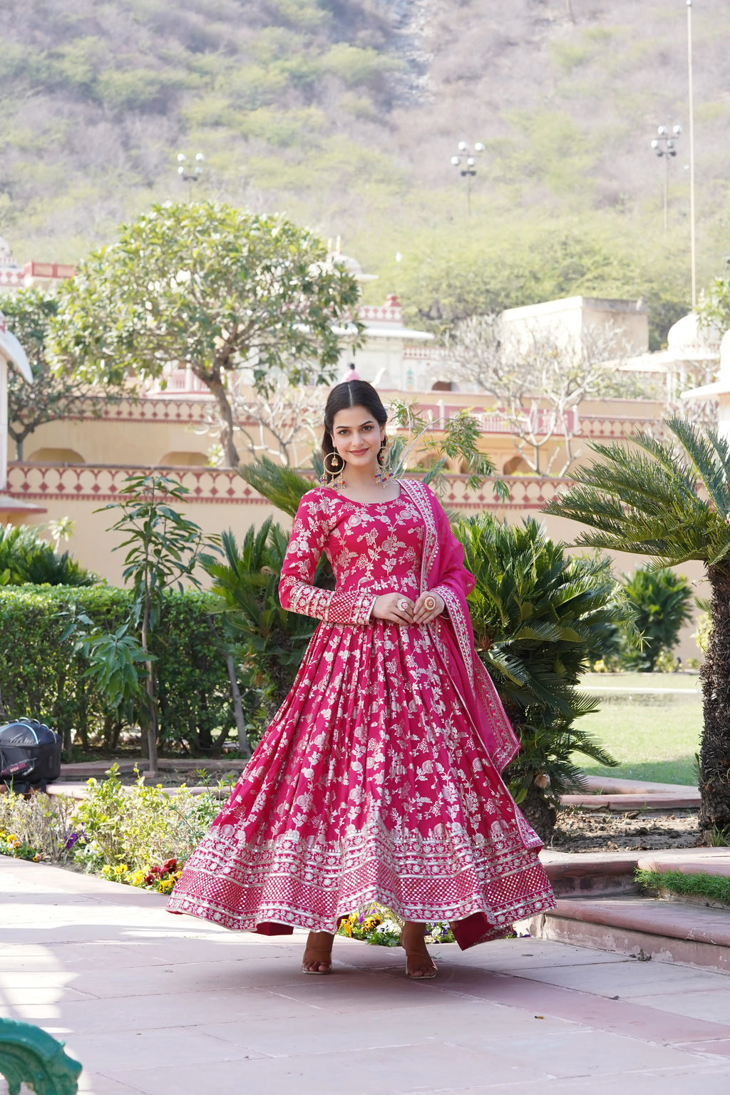 Pink Viscose Dyable Jacquard Gown with Russian Silk Sequined Dupatta – Elegant Party & Wedding Set