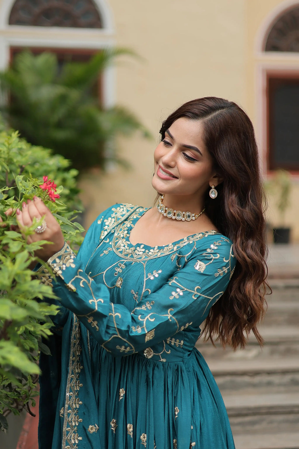 Blue Premium Chinon Sequins Embroidered Kurti with Sharara & Dupatta Set