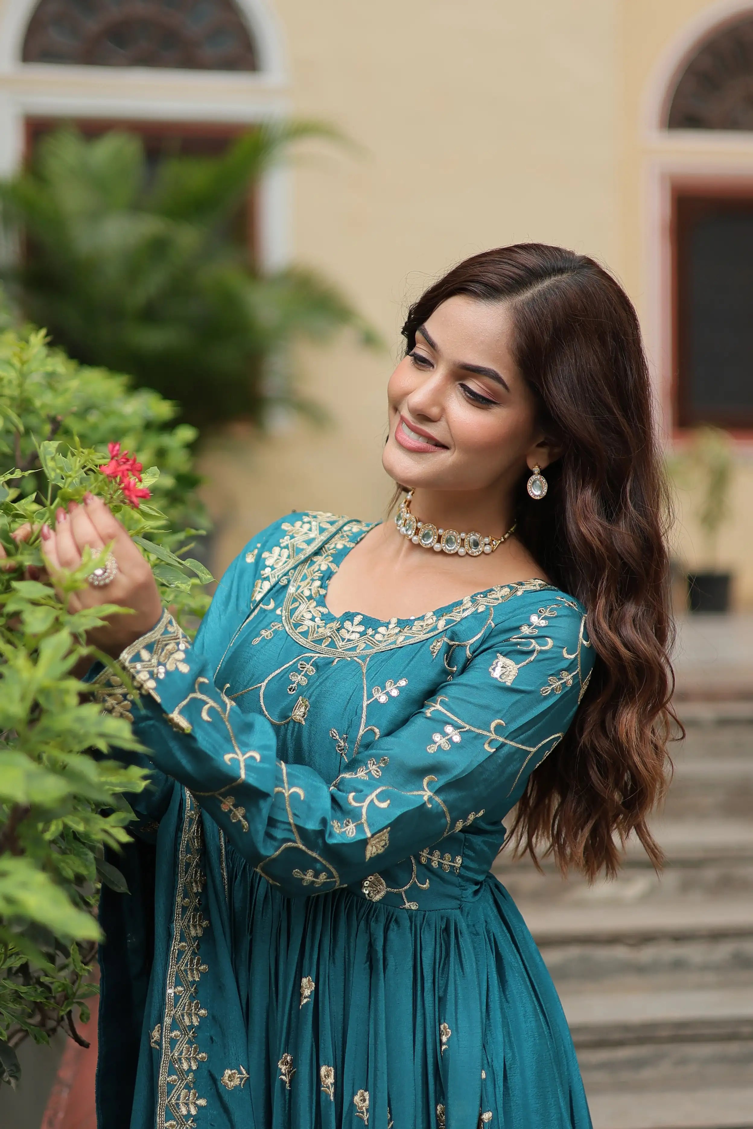 Blue Premium Chinon Sequins Embroidered Kurti with Sharara & Dupatta Set