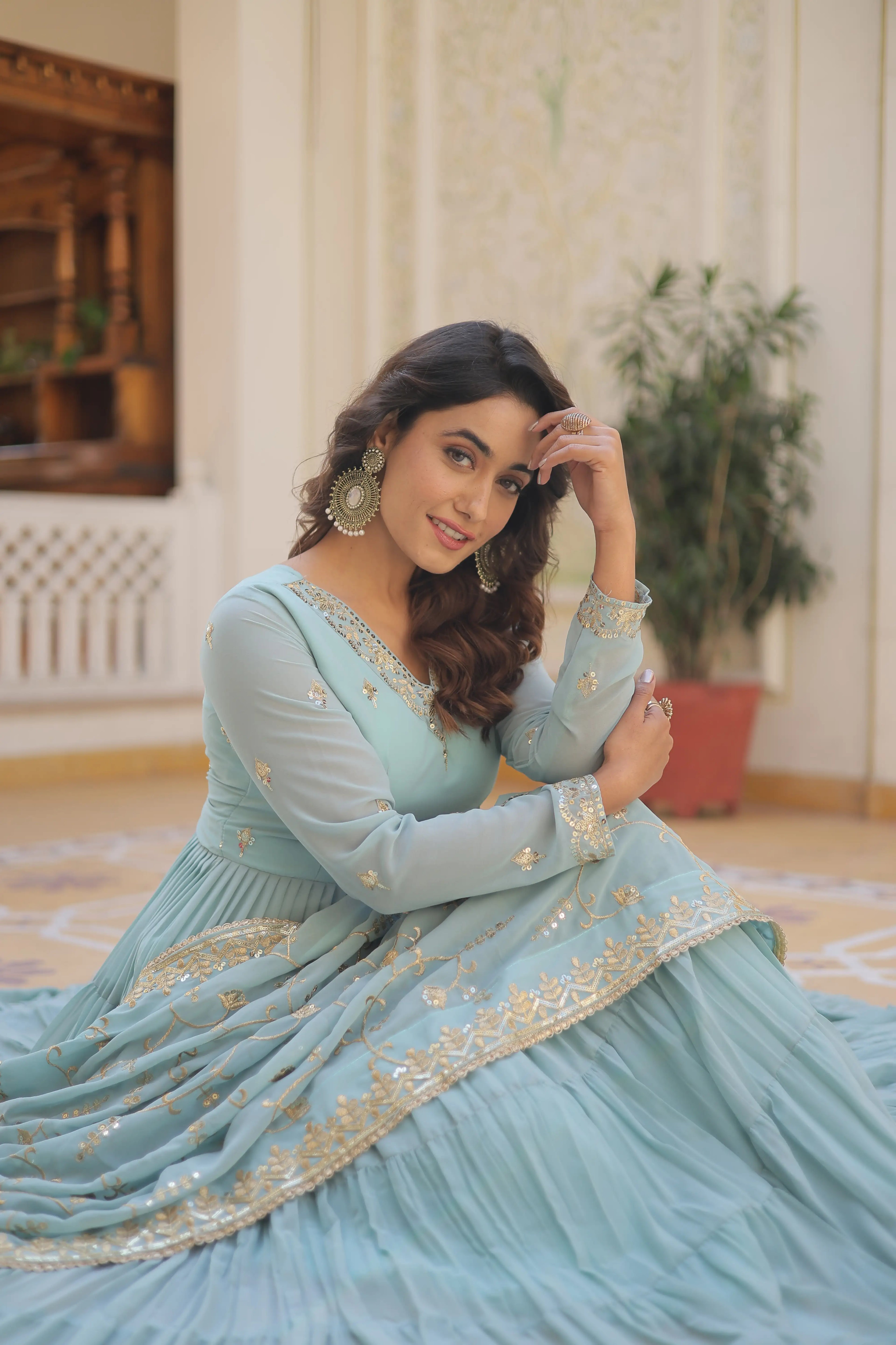 SKY Faux Georgette Designer Gown with Sequined Dupatta – Elegant Fully Flared Party & Wedding Set