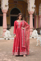 Maroon Designer Chinon Sequins Embroidered Gown with Kalamkari Silk Dupatta