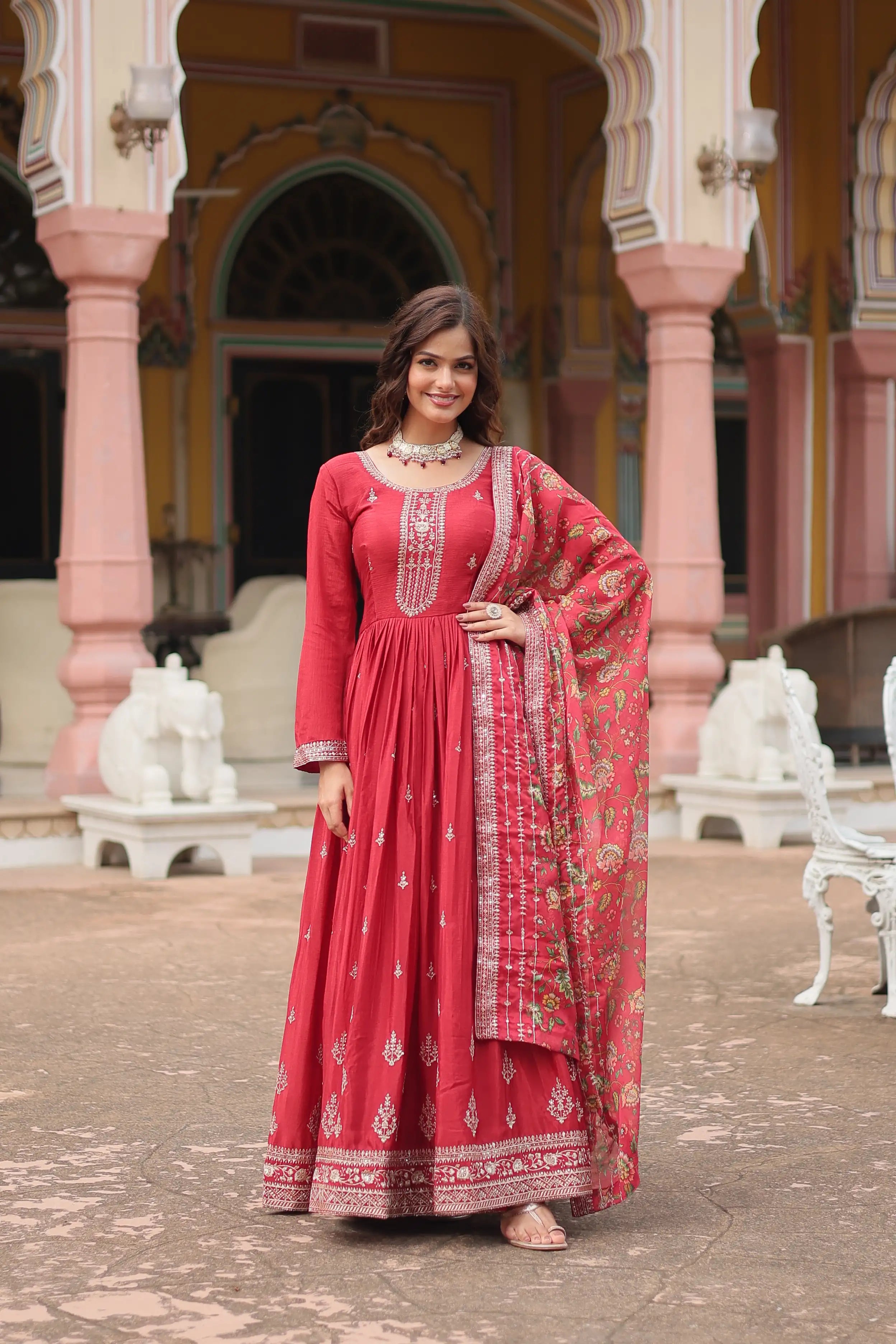 Maroon Designer Chinon Sequins Embroidered Gown with Kalamkari Silk Dupatta