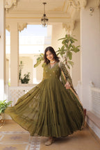 Mehandi Designer Faux Georgette Gown with Sequined Dupatta – Elegant Festive & Party Wear Set