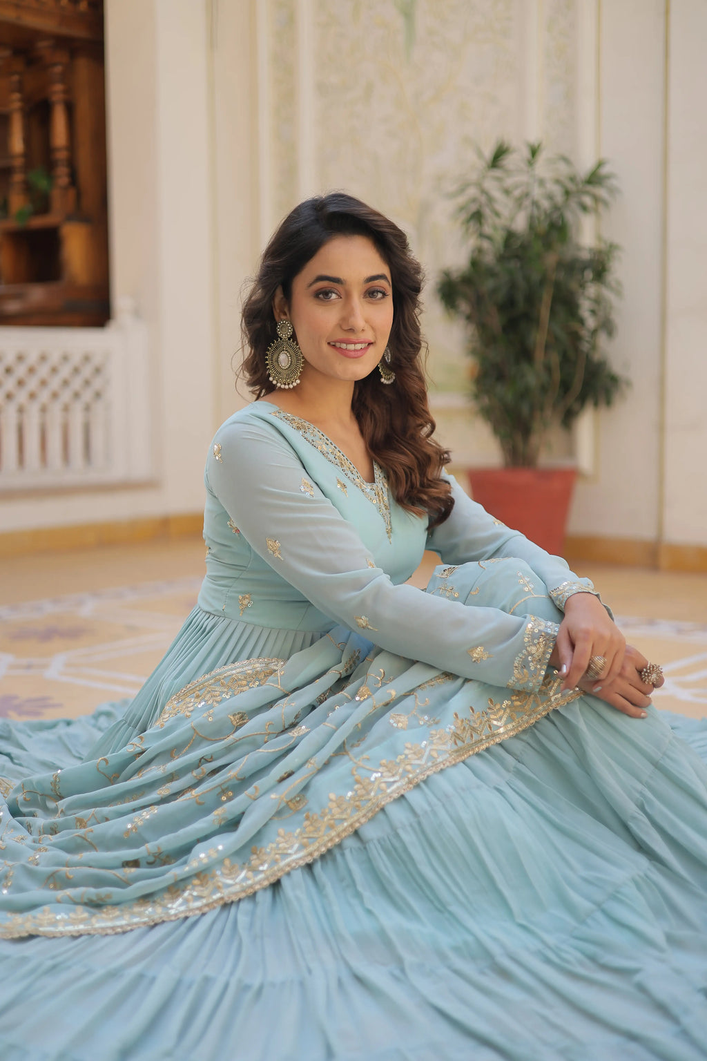 SKY Faux Georgette Designer Gown with Sequined Dupatta – Elegant Fully Flared Party & Wedding Set