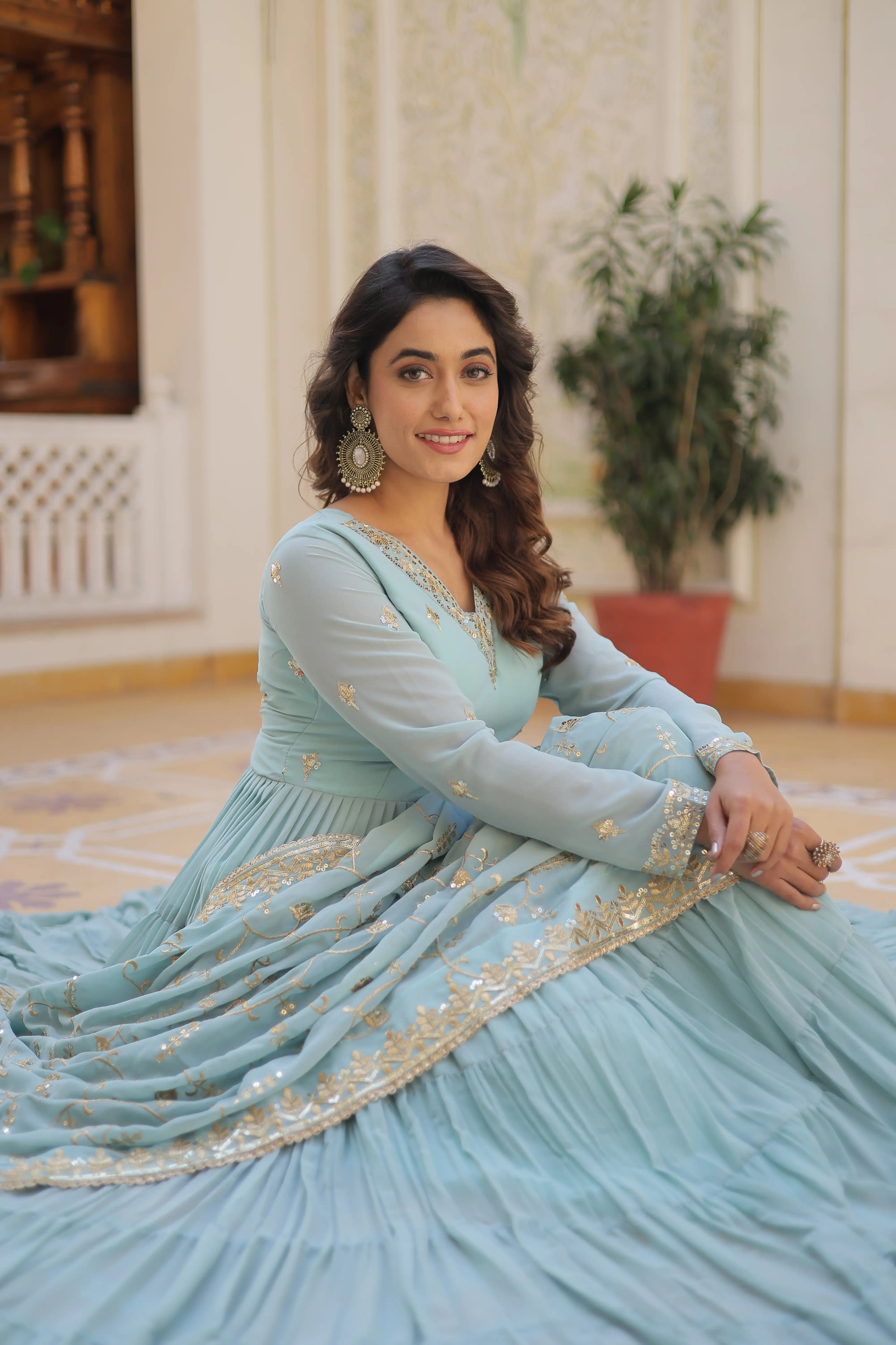 SKY Faux Georgette Designer Gown with Sequined Dupatta – Elegant Fully Flared Party & Wedding Set