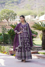 Wine Viscose Dyable Jacquard Gown with Russian Silk Sequined Dupatta – Elegant Party & Wedding Set
