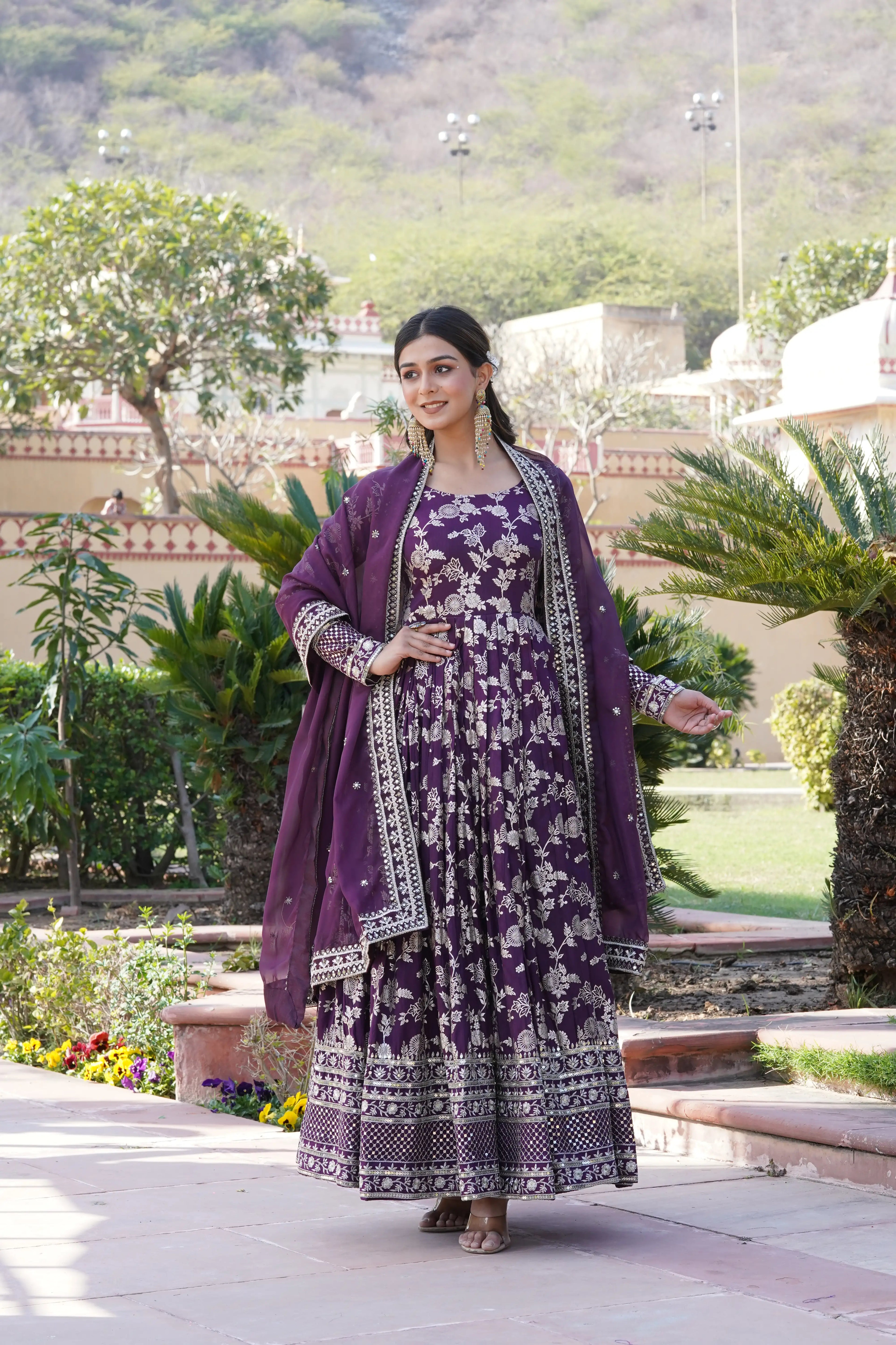 Wine Viscose Dyable Jacquard Gown with Russian Silk Sequined Dupatta – Elegant Party & Wedding Set