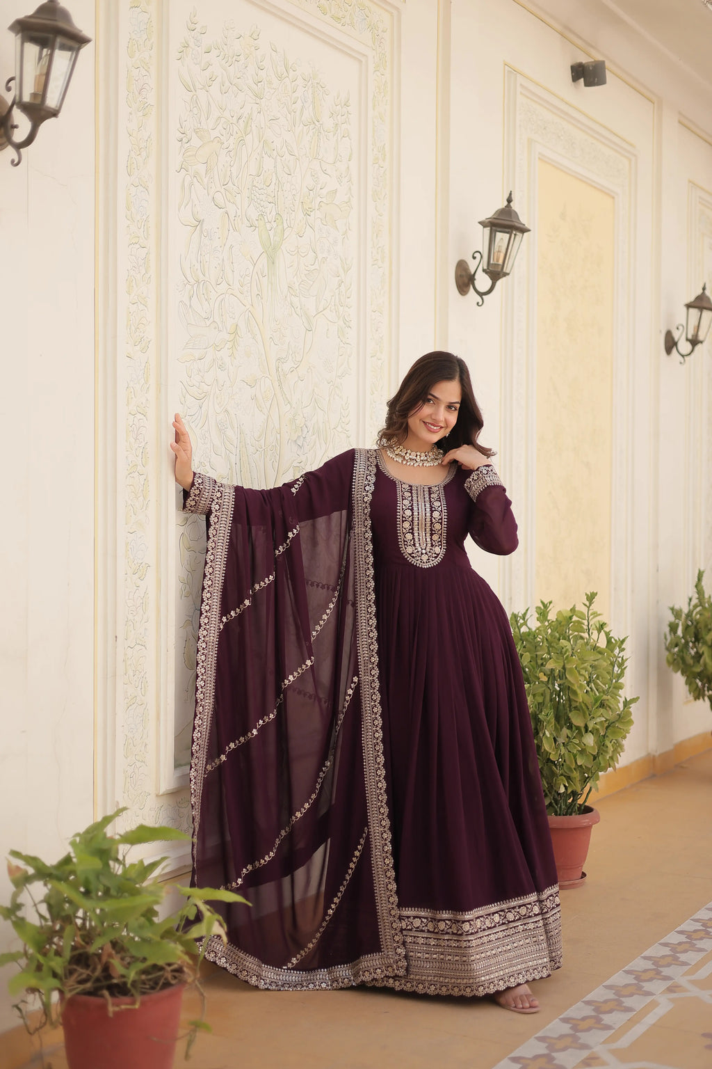 Wine Faux Blooming Sequins Embroidered Gown with Matching Dupatta – Festive & Party Wear