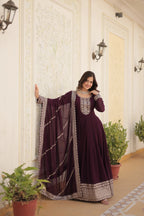 Wine Faux Blooming Sequins Embroidered Gown with Matching Dupatta – Festive & Party Wear