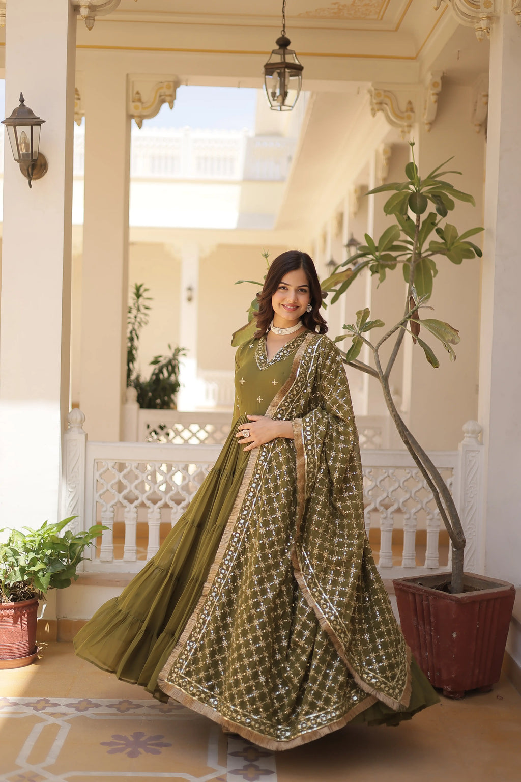 Mehandi Designer Faux Georgette Gown with Sequined Dupatta – Elegant Festive & Party Wear Set
