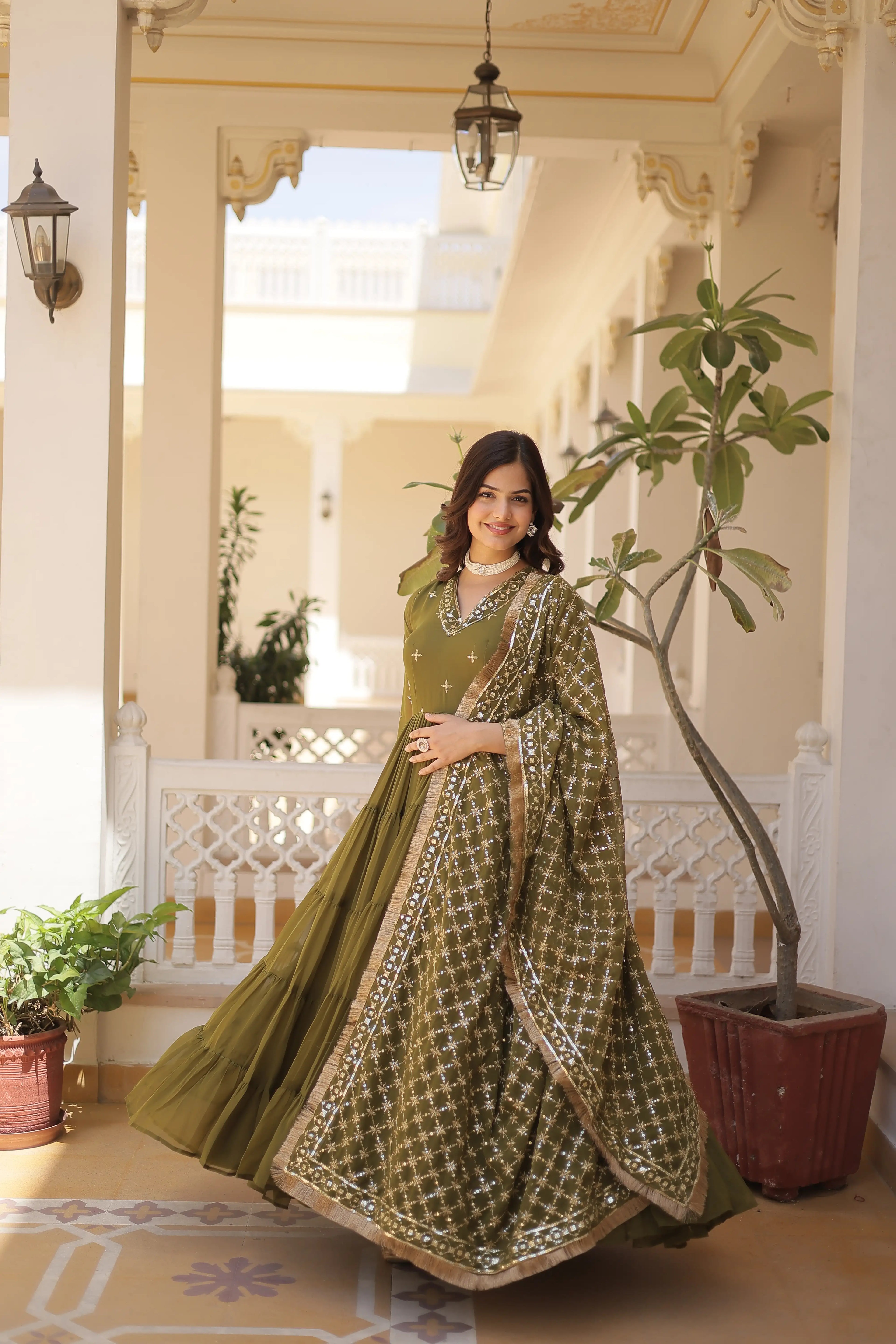 Mehandi Designer Faux Georgette Gown with Sequined Dupatta – Elegant Festive & Party Wear Set