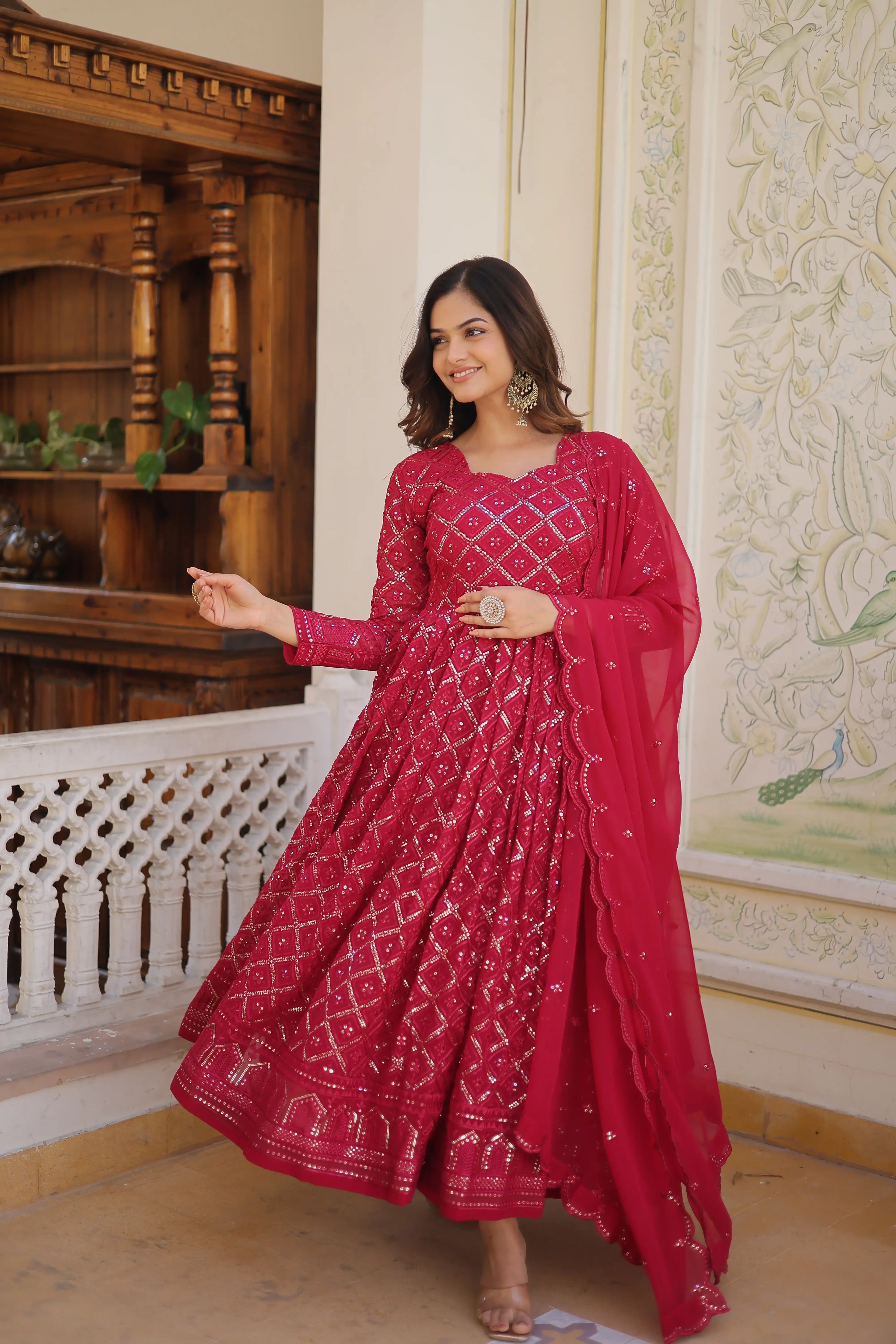 Rani Faux Blooming Designer Gown with Sequined Dupatta – Elegant Fully Flared Party & Wedding Set