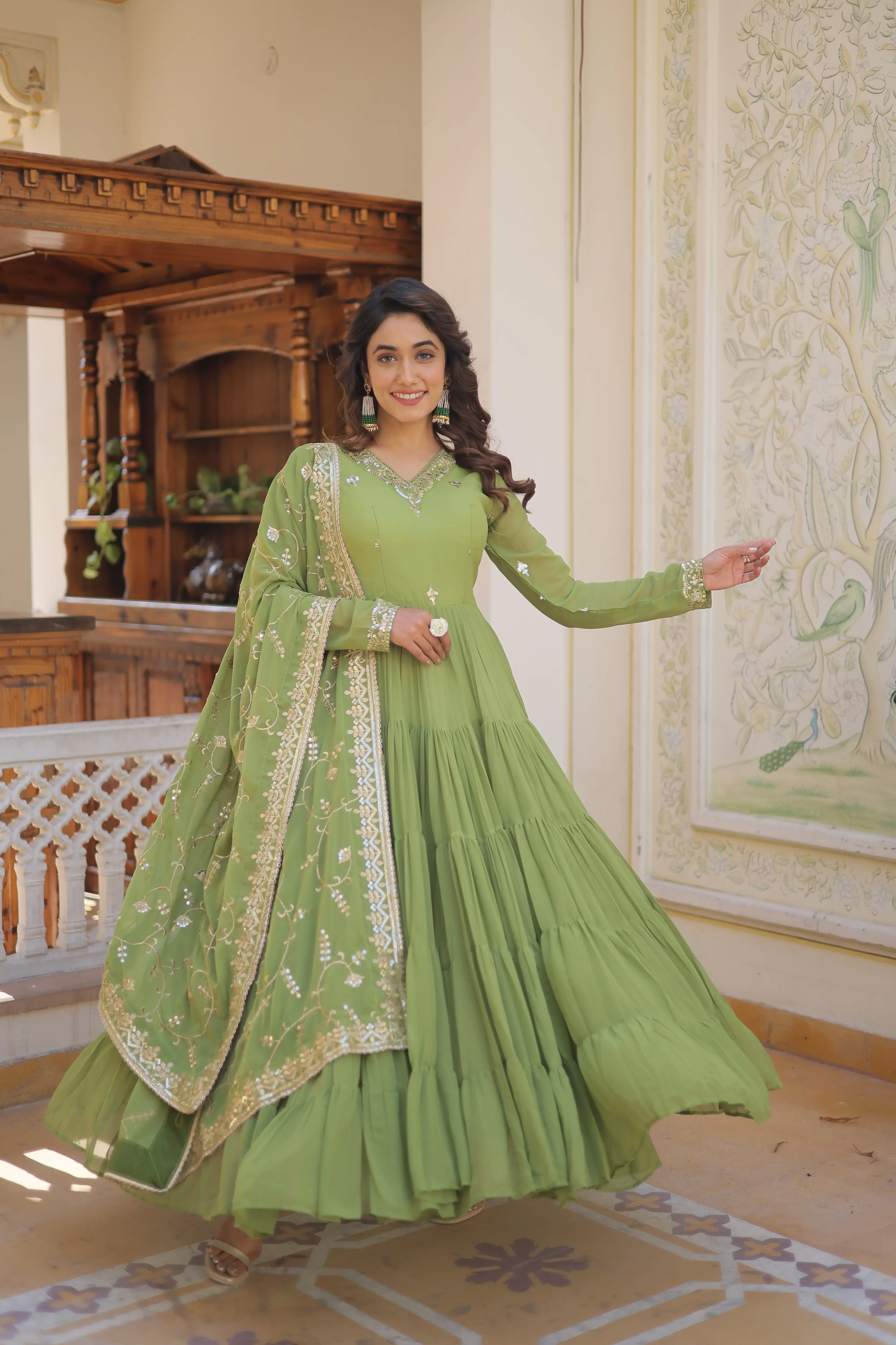 Green Faux Georgette Designer Gown with Sequined Dupatta – Fully Flared Elegant Ready-to-Wear Set