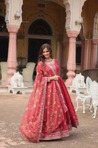Maroon Designer Chinon Sequins Embroidered Gown with Kalamkari Silk Dupatta