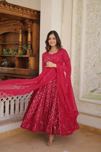 Rani Faux Blooming Designer Gown with Sequined Dupatta – Elegant Fully Flared Party & Wedding Set