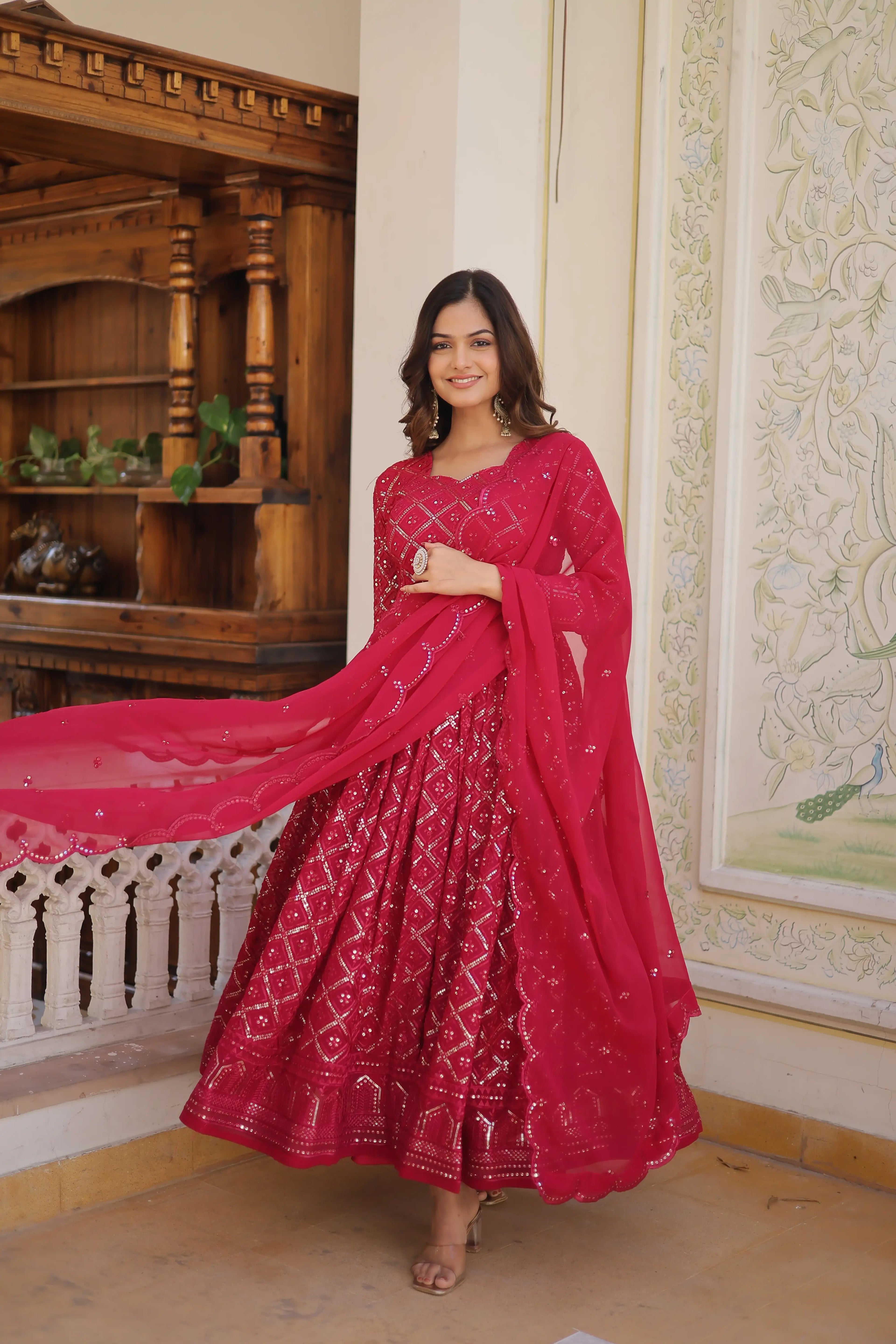 Rani Faux Blooming Designer Gown with Sequined Dupatta – Elegant Fully Flared Party & Wedding Set