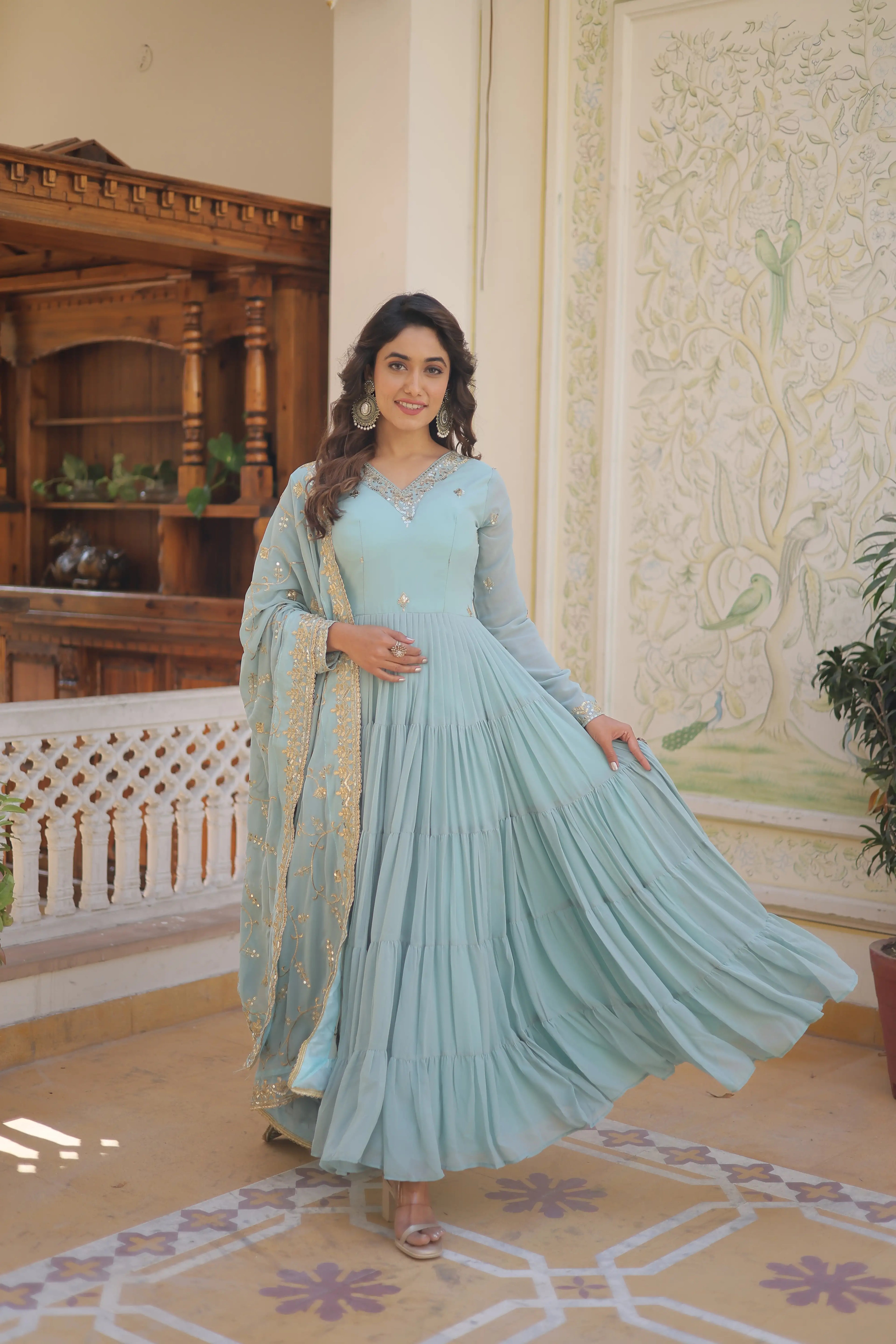SKY Faux Georgette Designer Gown with Sequined Dupatta – Elegant Fully Flared Party & Wedding Set