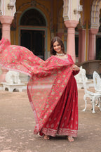 Maroon Designer Chinon Sequins Embroidered Gown with Kalamkari Silk Dupatta