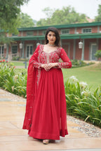 Red Faux Blooming Sequins & Zari Embroidered Gown with Matching Dupatta
