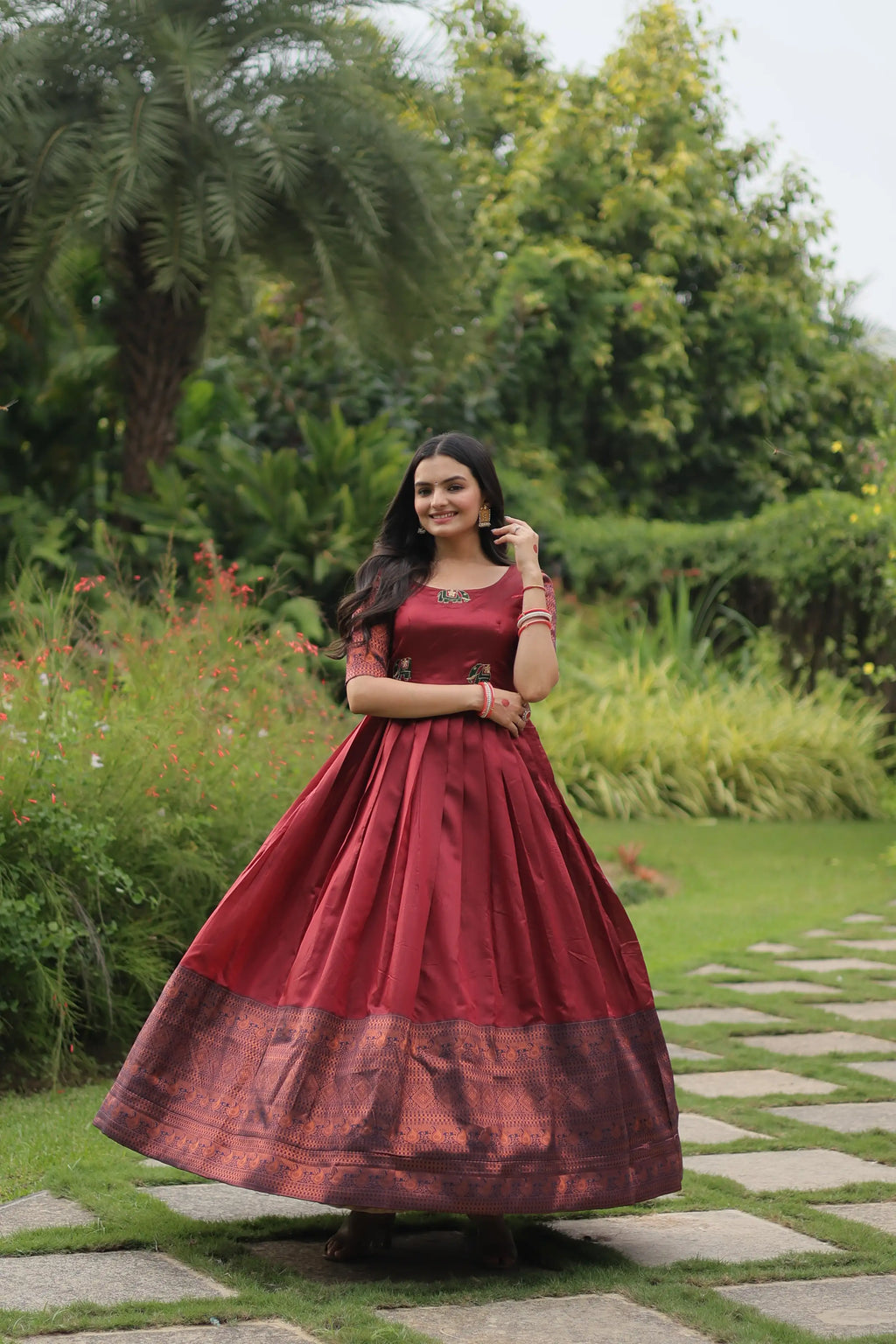Maroon Banarasi Jacquard Silk Gown – Elegant Free-Size Designer Party & Wedding Wear