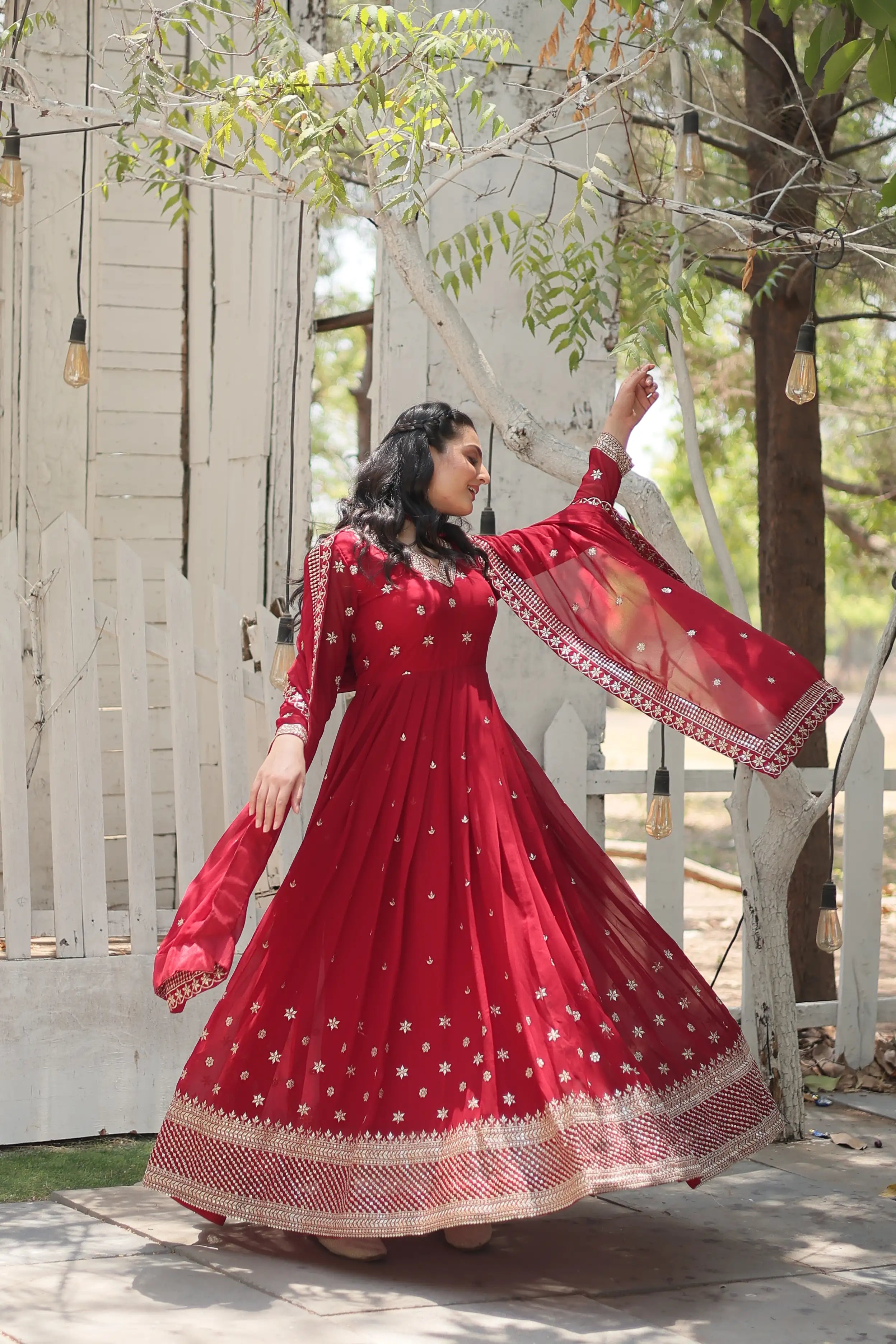 Maroon Designer Faux Blooming Anarkali Gown with Sequins Embroidered Dupatta – Wedding & Festive Wear