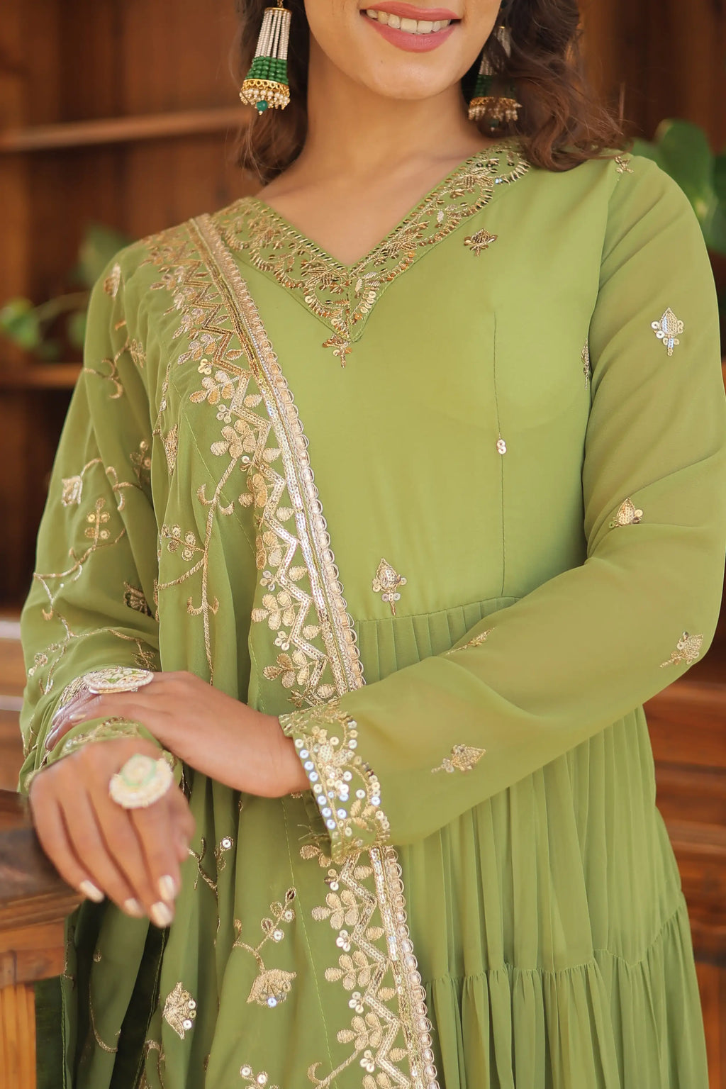 Green Faux Georgette Designer Gown with Sequined Dupatta – Fully Flared Elegant Ready-to-Wear Set